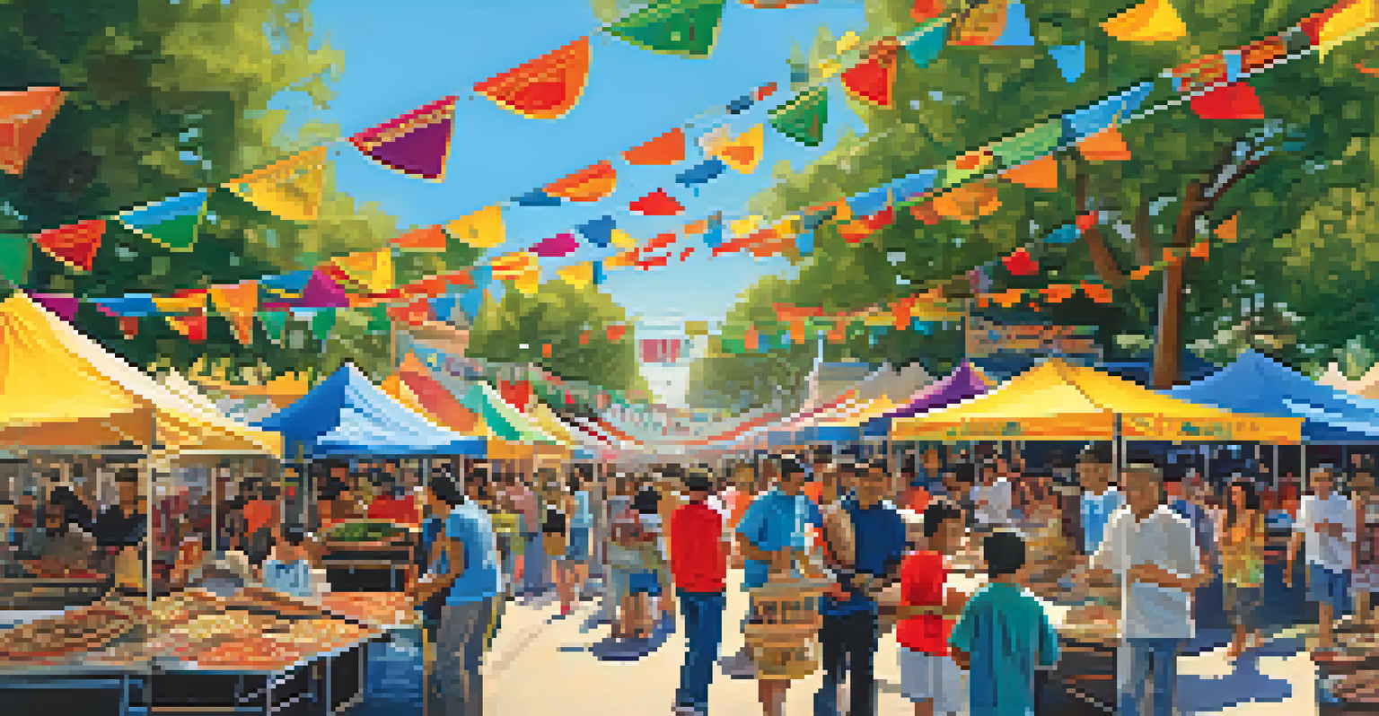 A community festival in Cupertino with food stalls, families enjoying food, and colorful decorations.