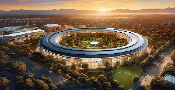 Aerial view of Cupertino, California, featuring green landscapes and modern tech buildings during sunset.