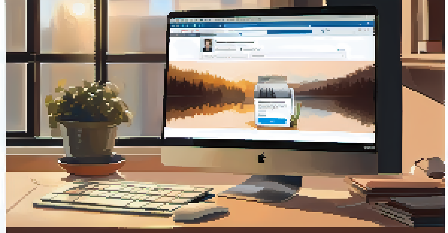 A cozy workspace with a laptop displaying a LinkedIn profile and new connection notifications, accompanied by a notepad and a cup of coffee, illuminated by soft sunlight.