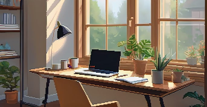 A warm and inviting home office with a wooden desk, laptop, plants, and a coffee mug under soft natural light.