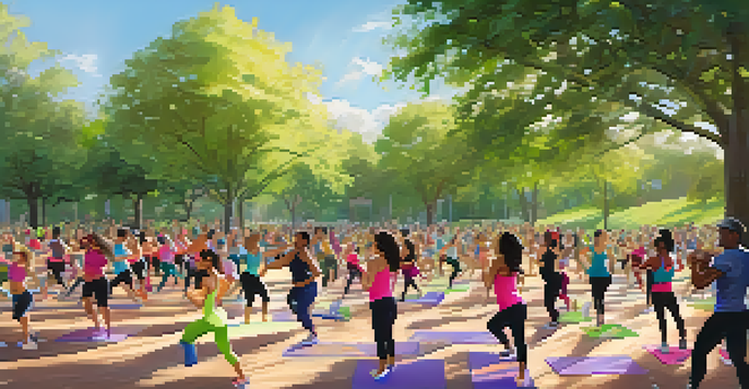 A diverse group of people enjoying an outdoor Zumba fitness class in a sunny park, surrounded by blooming flowers and greenery.
