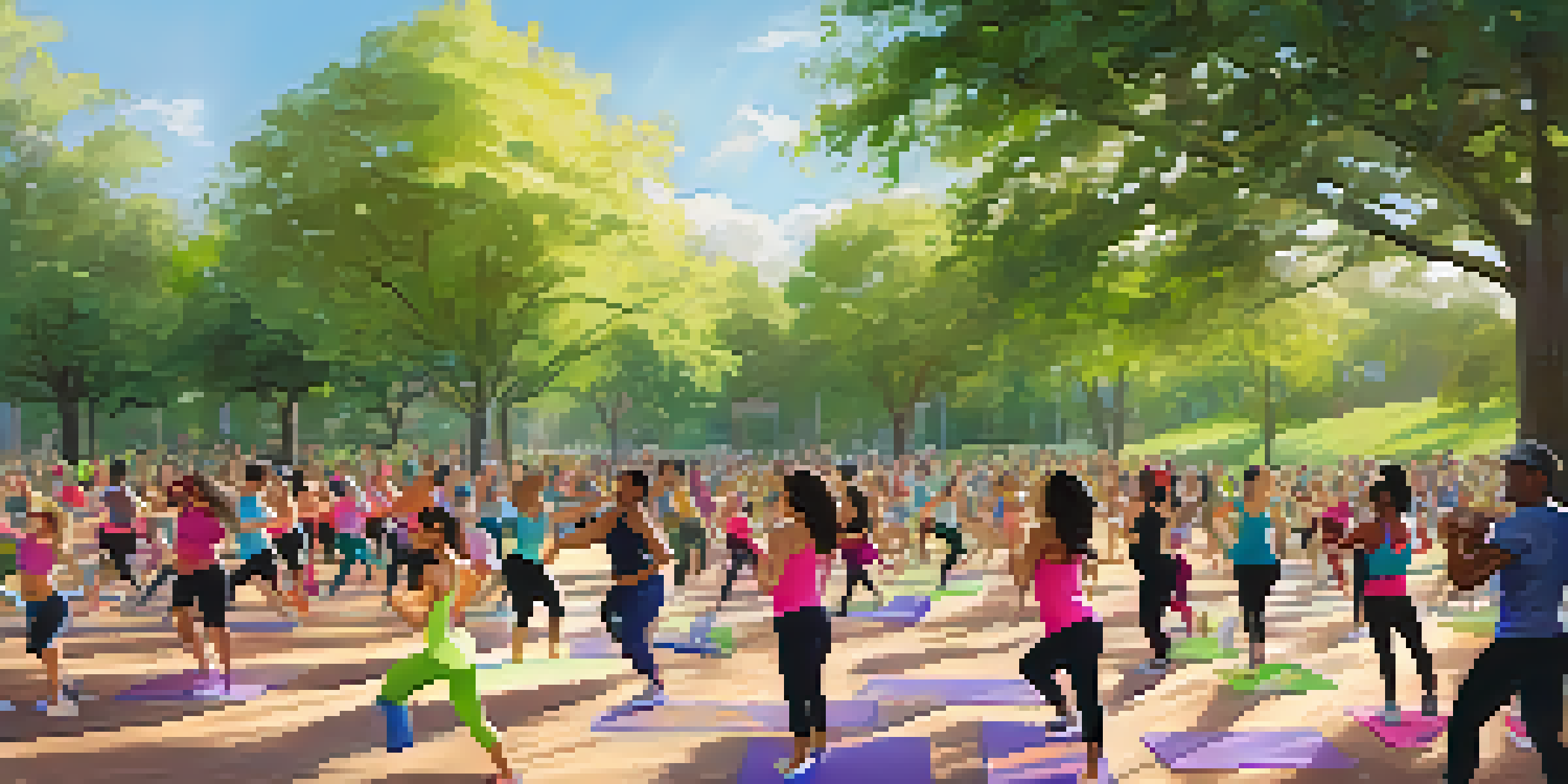 A diverse group of people enjoying an outdoor Zumba fitness class in a sunny park, surrounded by blooming flowers and greenery.