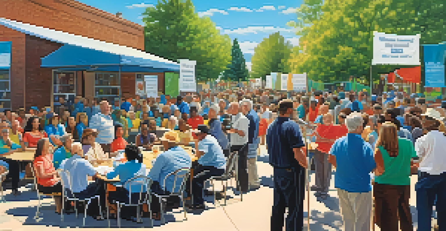 A lively town hall meeting outdoors, with diverse community members discussing local issues, surrounded by colorful banners promoting civic participation.