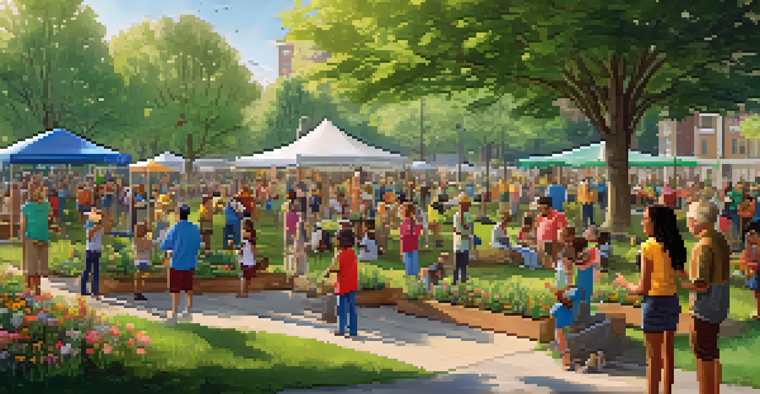 Residents of a community planting trees in an urban park, with a banner about conservation and a sunny atmosphere.