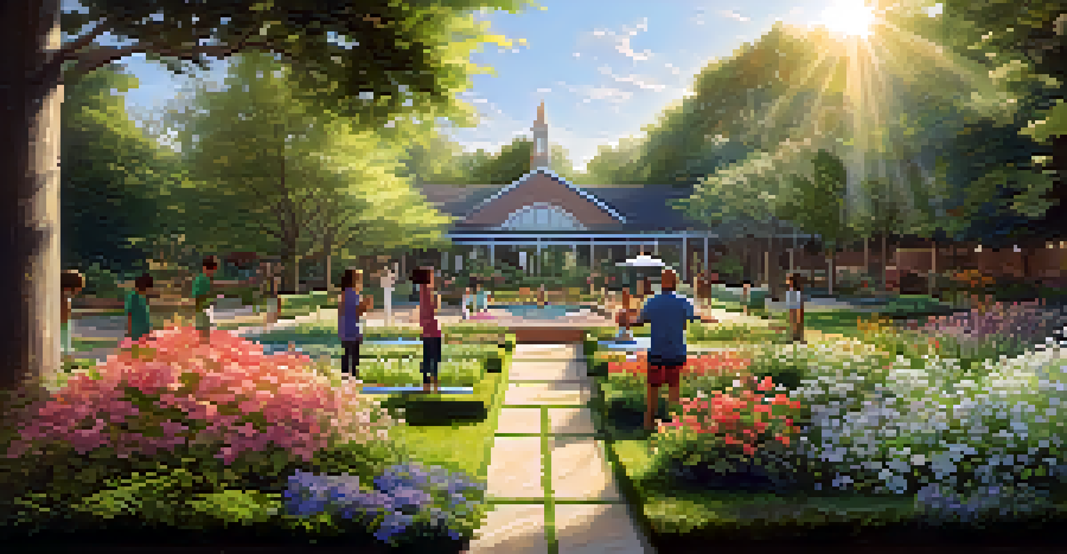 Peaceful community center garden with individuals practicing yoga surrounded by blooming flowers and greenery under soft sunlight.