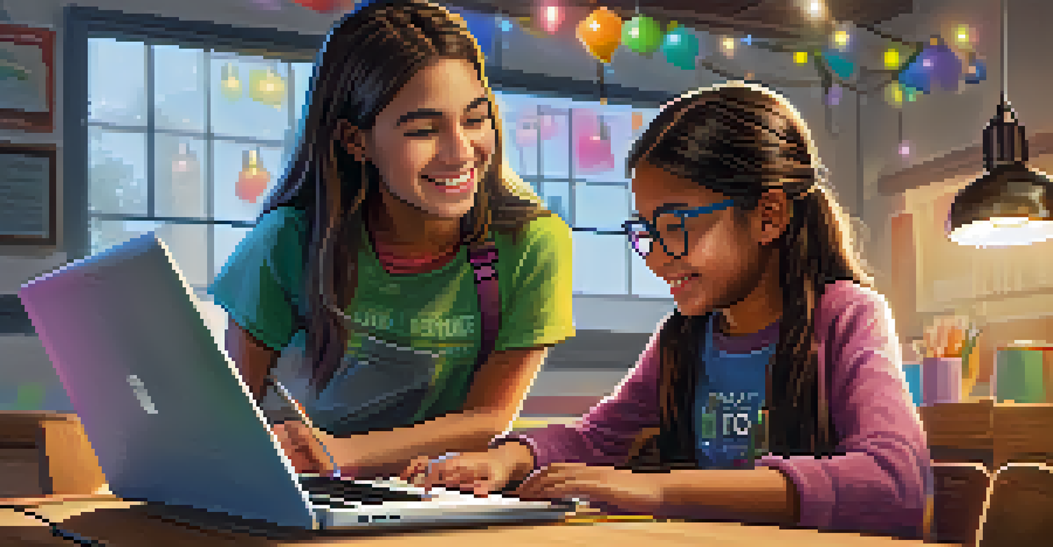 A female mentor assisting a young girl at a coding workshop, both focused on the laptop in a colorful and inviting environment.