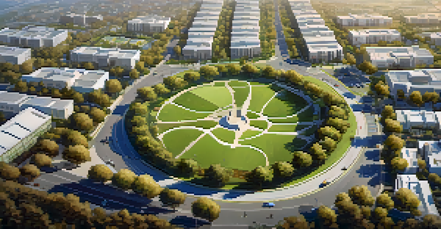 An aerial view of Cupertino showing a clean city with smart waste bins and green spaces.