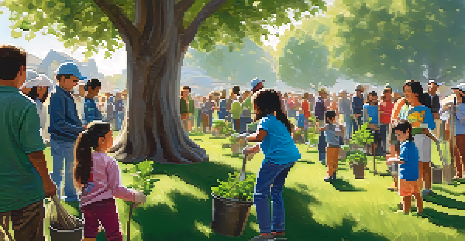 A community tree planting event in Cupertino with families and children planting trees together.