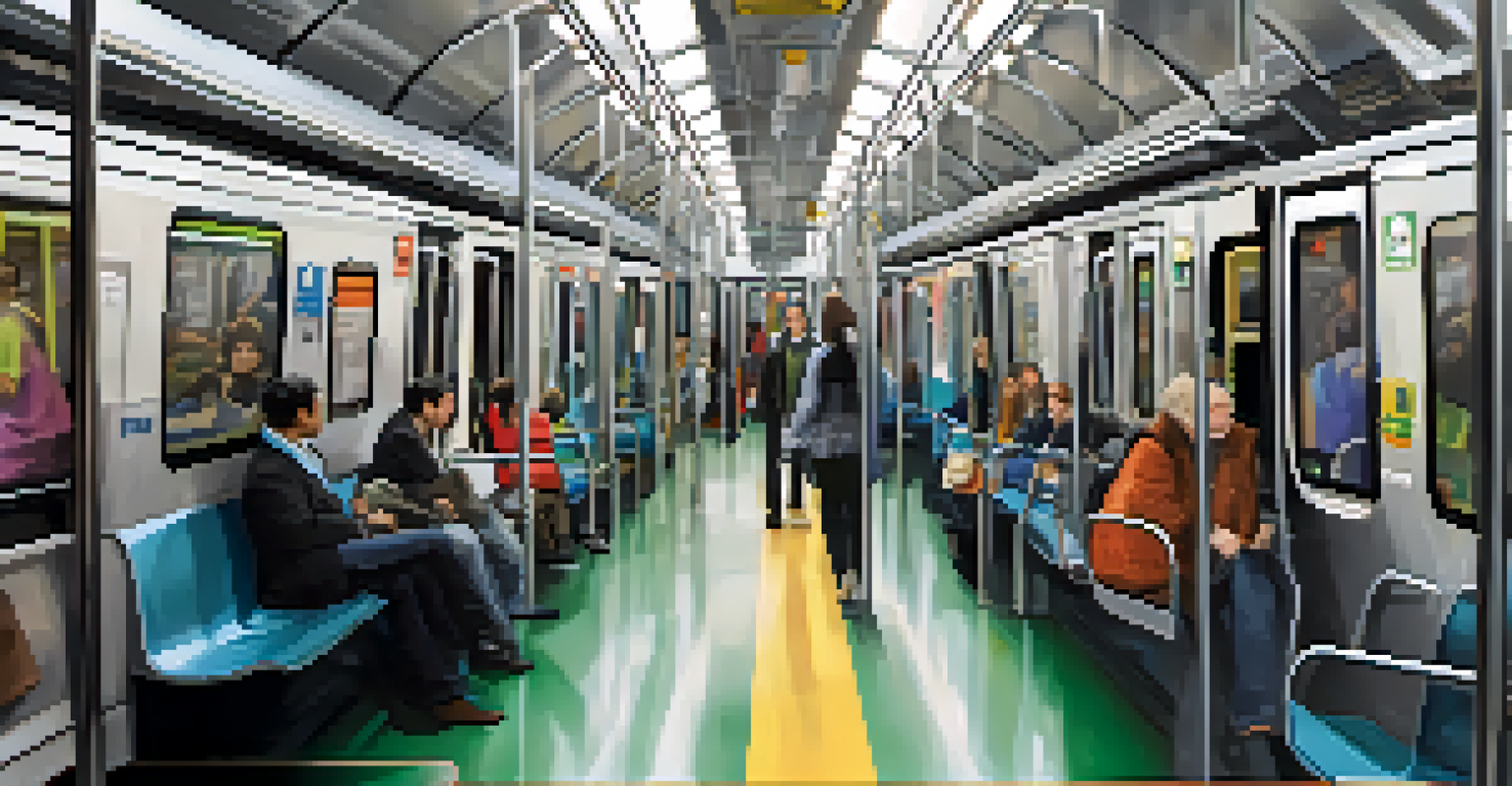 Interior view of a modern accessible subway train, showing wide aisles and priority seating, with a staff member assisting a passenger.