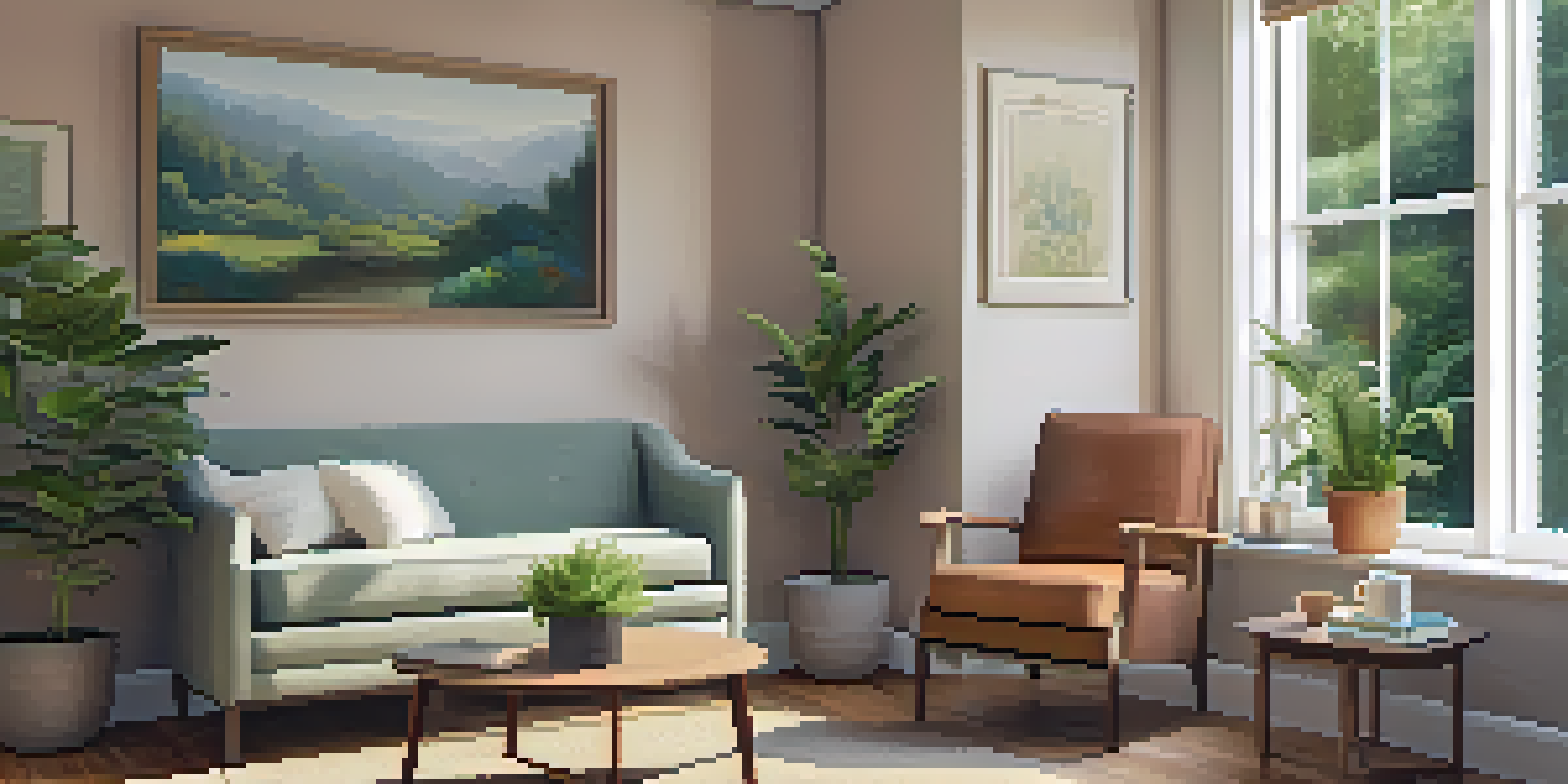 A cozy counseling room with warm lighting, an armchair, a coffee table with books, a window showing a garden, calming artwork on the walls, and a plant in the corner.