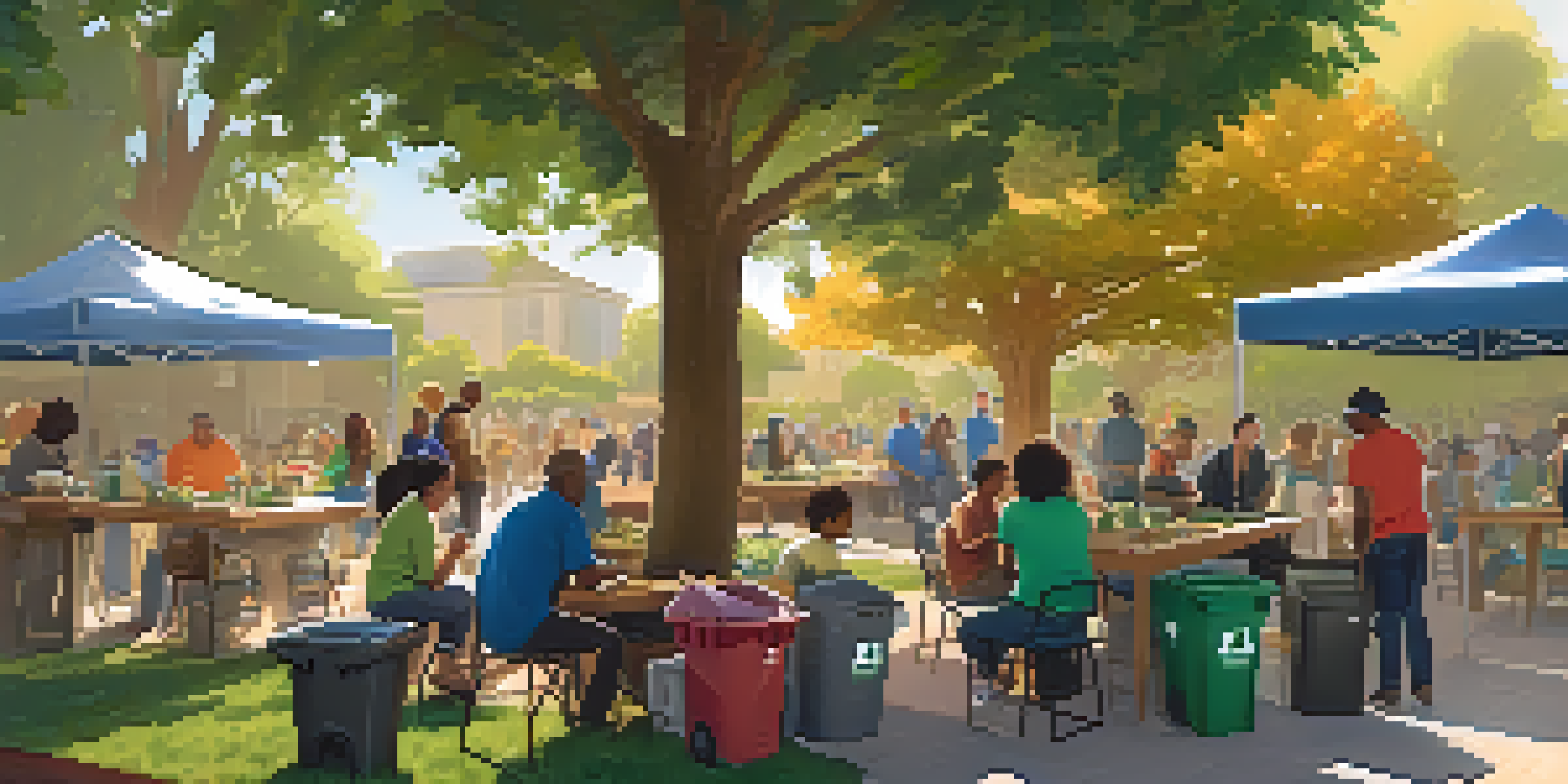 A community workshop in Cupertino with diverse residents discussing composting and recycling under sunny trees.