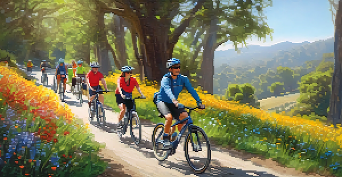 A diverse group of individuals with disabilities riding specialized bikes on a scenic trail in Cupertino, surrounded by greenery and colorful wildflowers under bright sunlight.