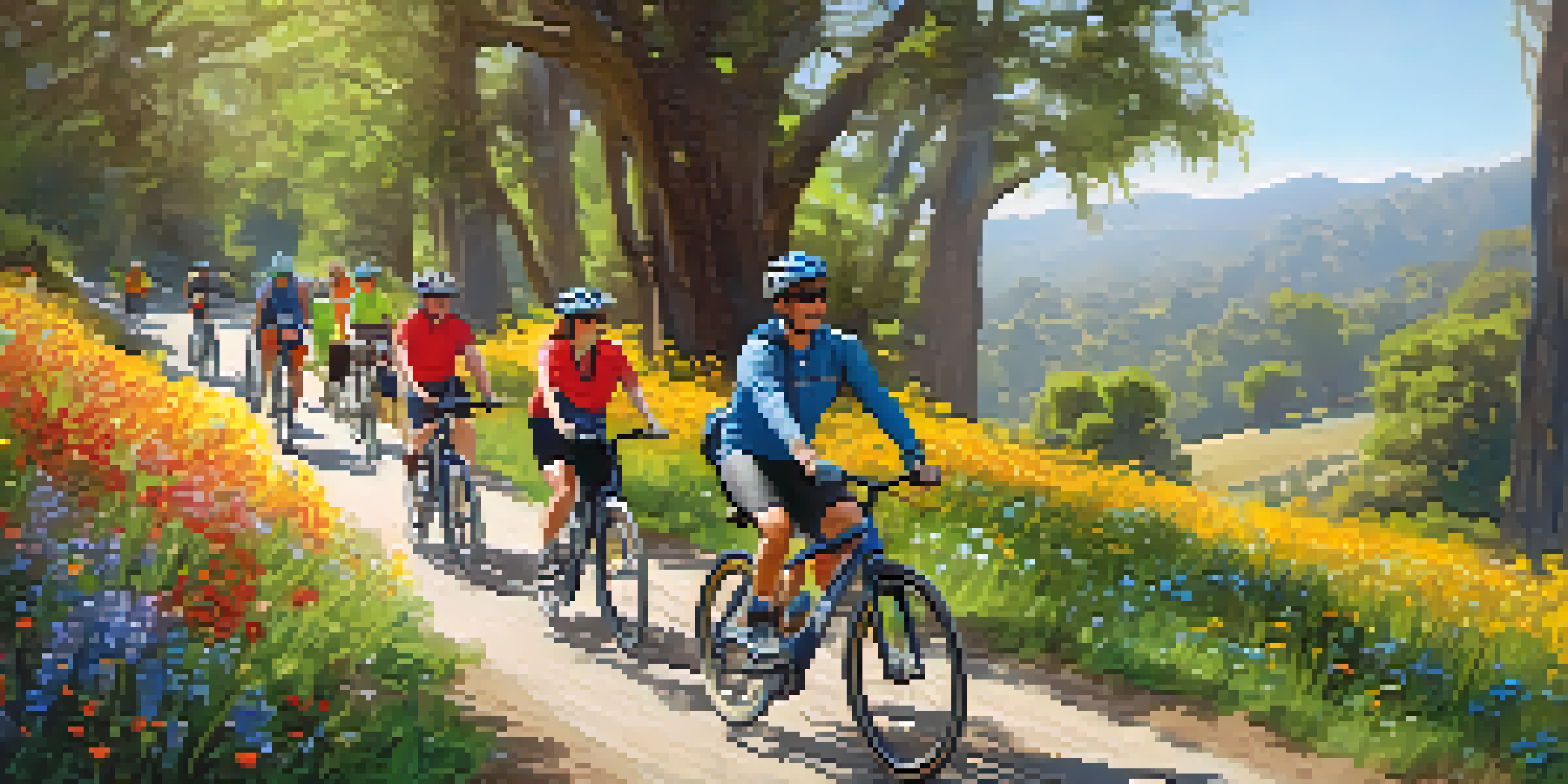 A diverse group of individuals with disabilities riding specialized bikes on a scenic trail in Cupertino, surrounded by greenery and colorful wildflowers under bright sunlight.