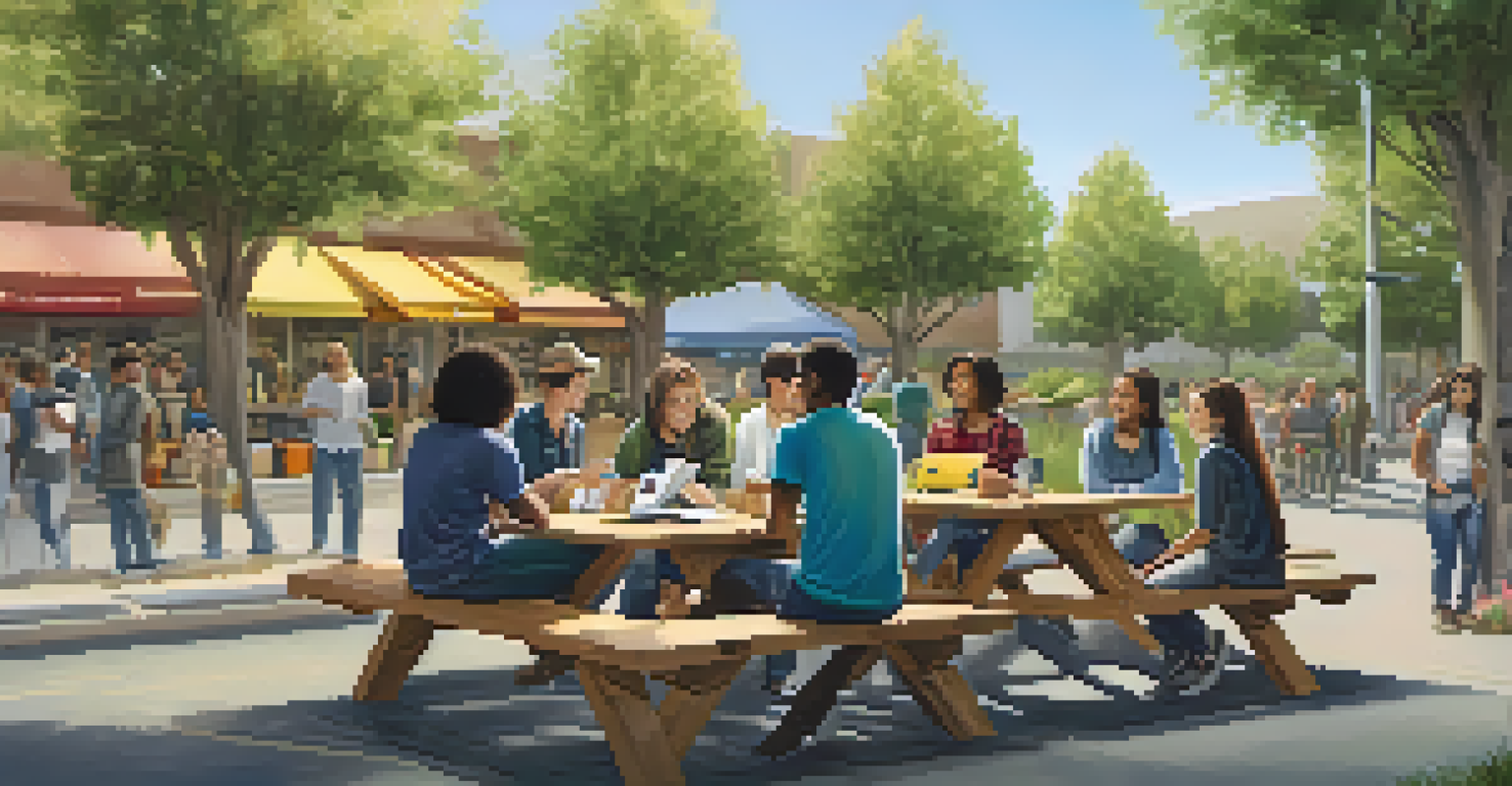 Students working together outdoors on laptops to create a website for a local business, surrounded by trees and shops, highlighting community involvement.