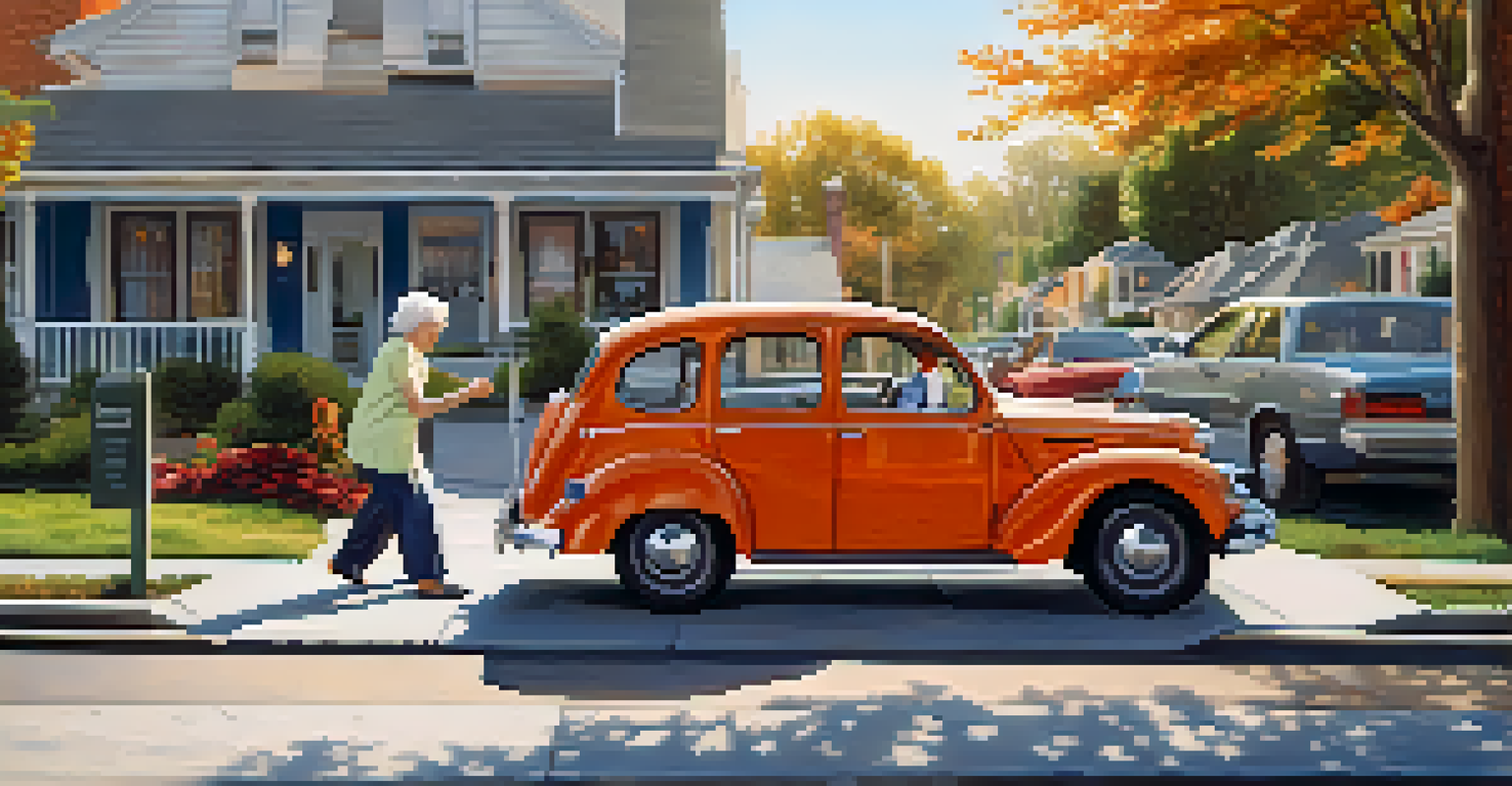 A volunteer driver helping an elderly woman enter a car, showcasing a caring and supportive moment amidst a neighborhood backdrop.