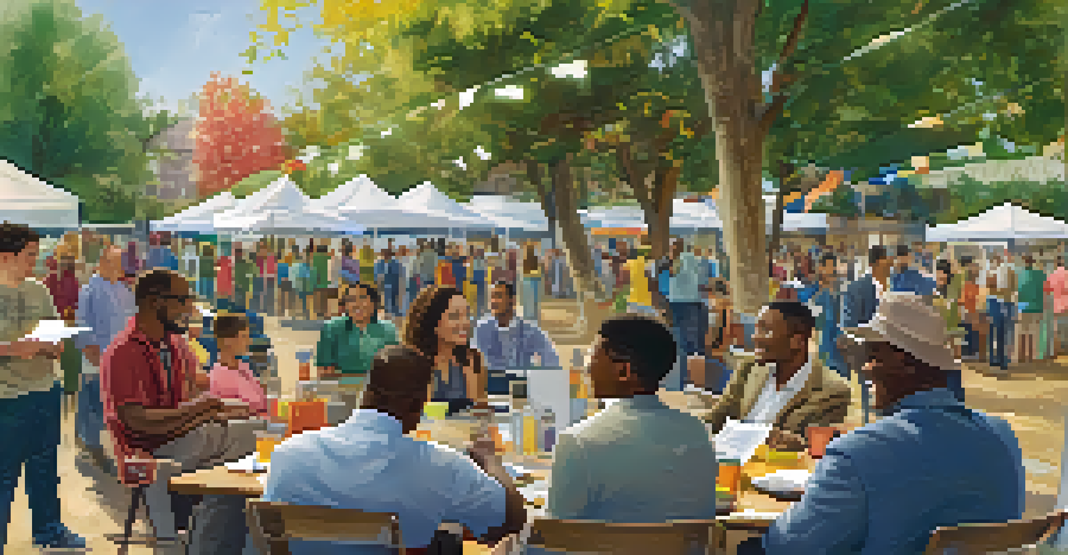 A lively outdoor community event promoting mentorship with adults and youth interacting around informational tables.