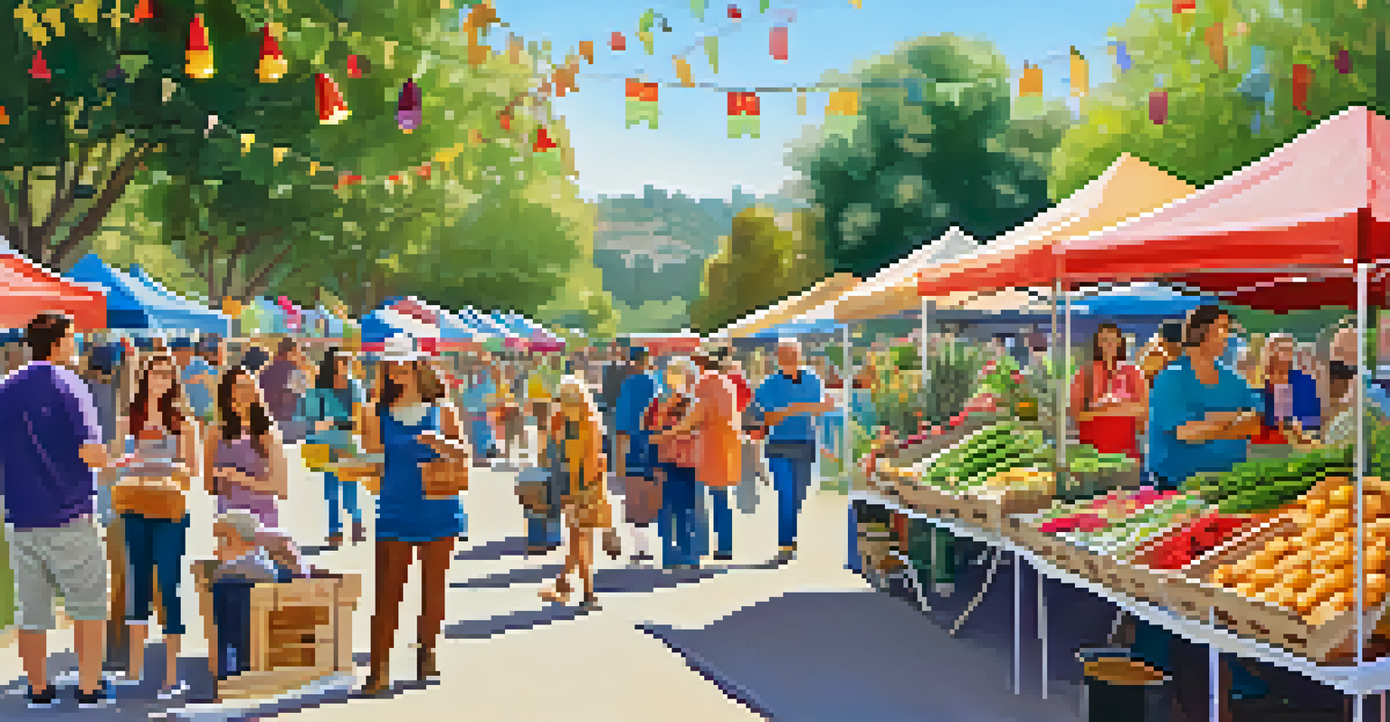 A vibrant farmer's market in Cupertino's park with families, vendors, and decorations.