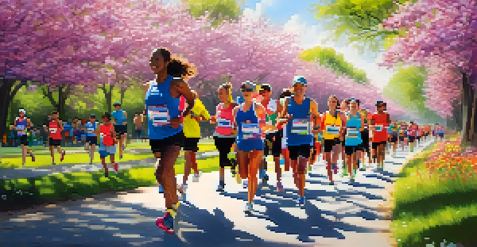 A diverse group of runners in colorful athletic gear participating in a charity run, surrounded by blooming flowers and cheering spectators on a sunny day.