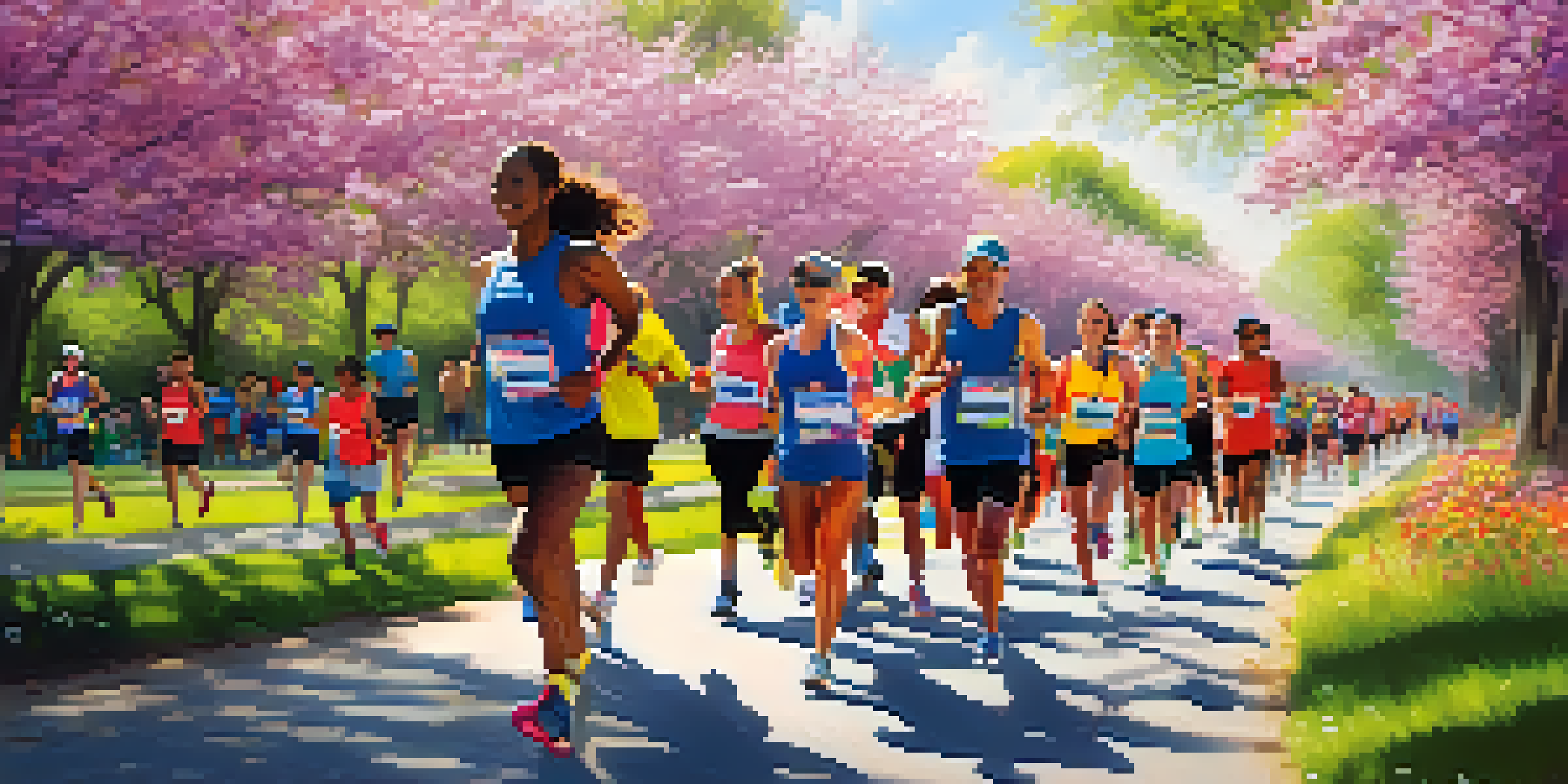 A diverse group of runners in colorful athletic gear participating in a charity run, surrounded by blooming flowers and cheering spectators on a sunny day.
