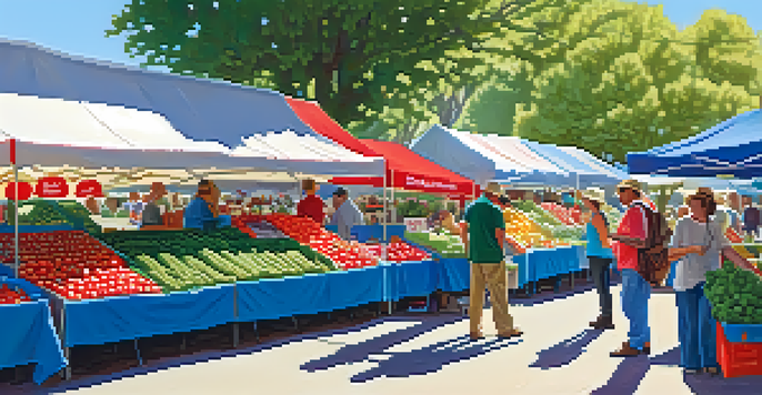 A lively farmers market with local farmers selling fresh produce, colorful stalls, and customers engaging with the vendors under a clear blue sky.