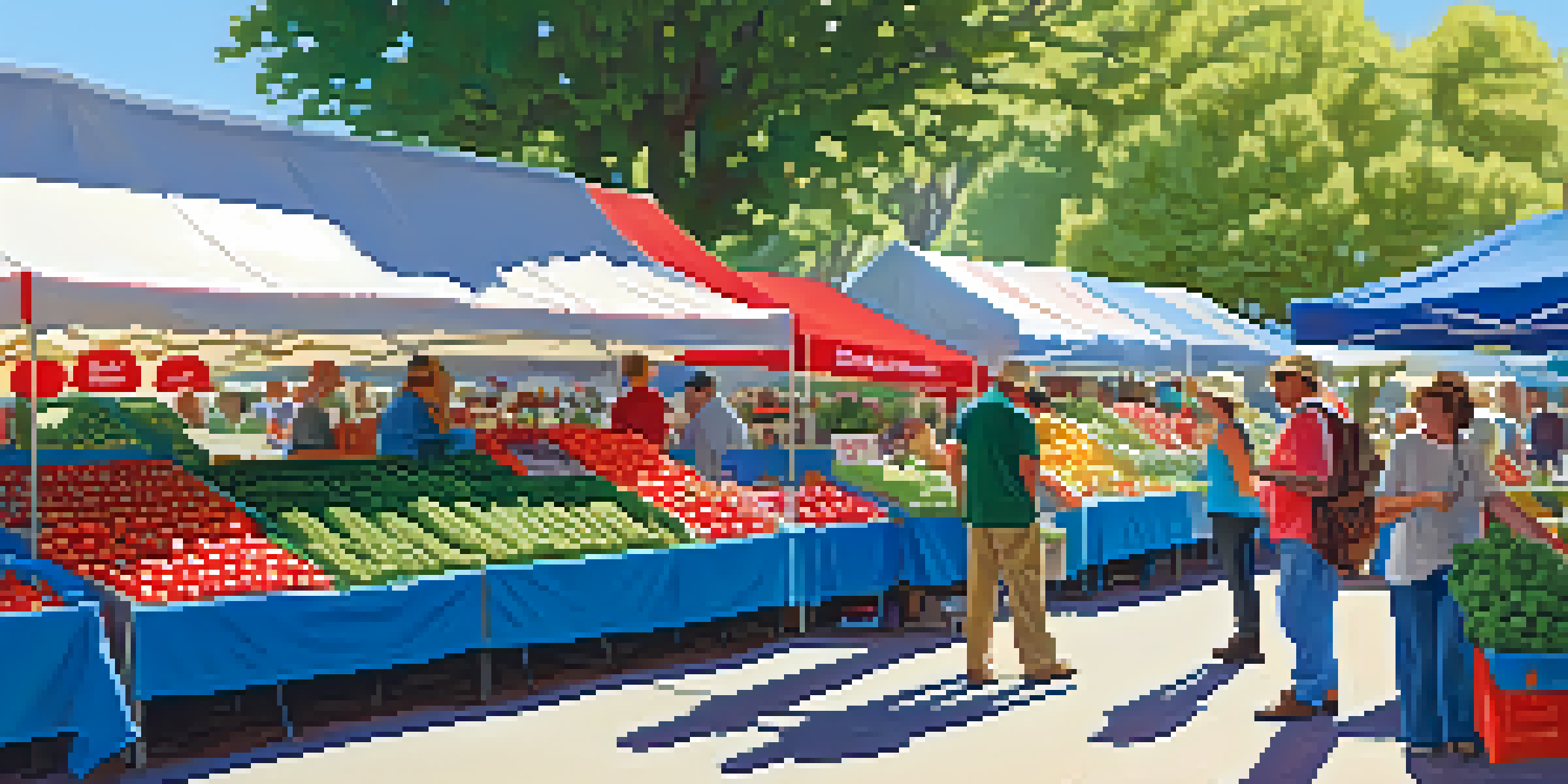 A lively farmers market with local farmers selling fresh produce, colorful stalls, and customers engaging with the vendors under a clear blue sky.