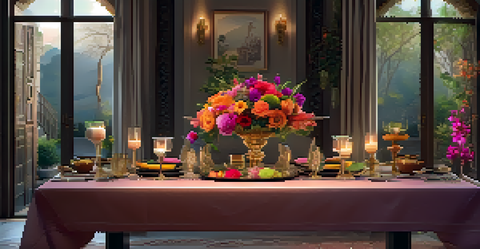 A fine dining table set with a fusion dish, surrounded by elegant decor and soft lighting.