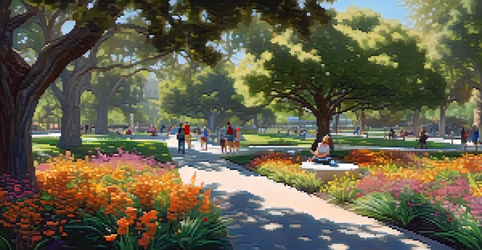 A sunny day at Memorial Park in Cupertino, featuring walking trails, colorful flowers, and families having picnics under trees.