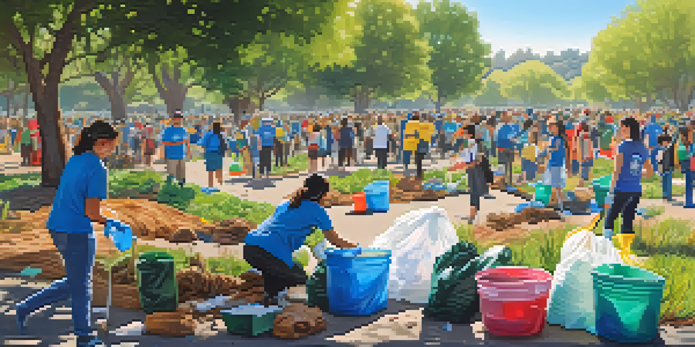 A diverse group of volunteers cleaning up plastic waste in a lush green park in Cupertino, with colorful trash bags around them and a clear blue sky above.