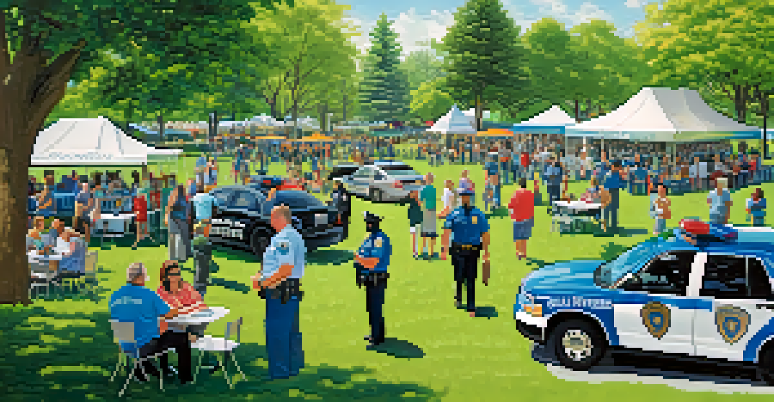 A community safety fair in a park with residents interacting with law enforcement and safety booths.