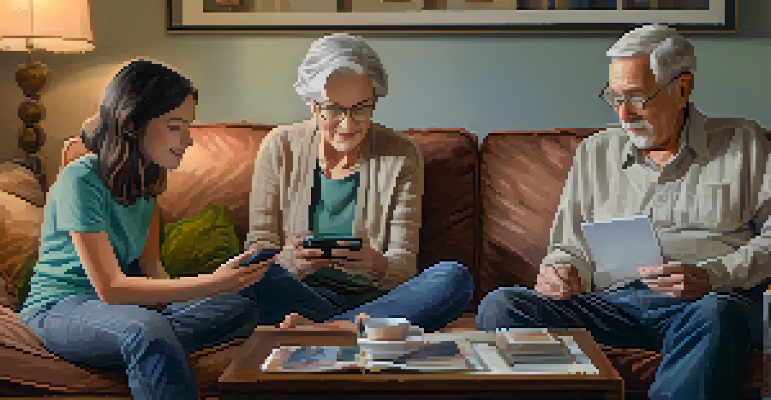 A family member teaching an older adult how to use a smartphone in a cozy living room.