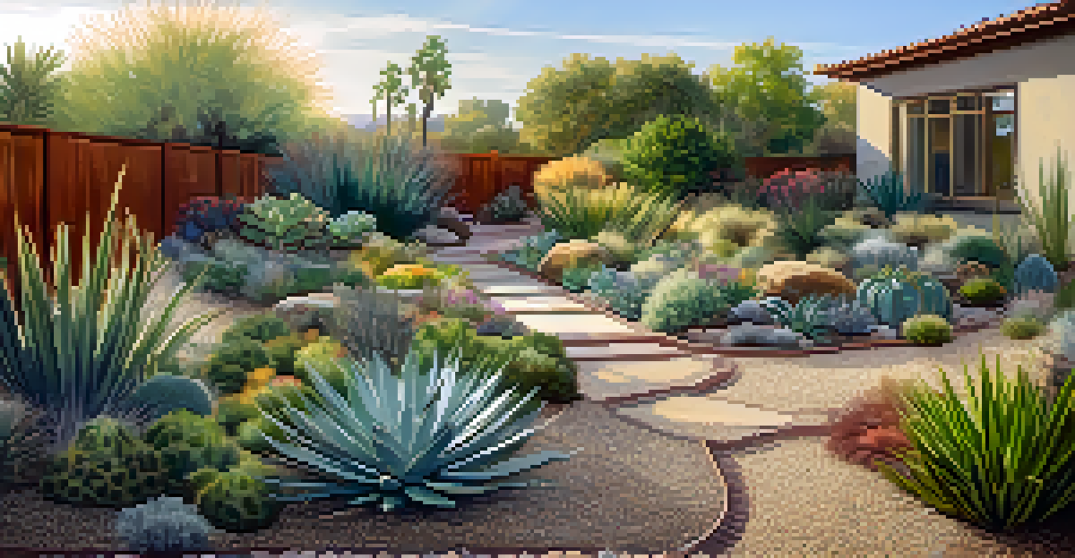 A xeriscaped garden with drought-resistant plants and gravel pathways illuminated by warm afternoon light.