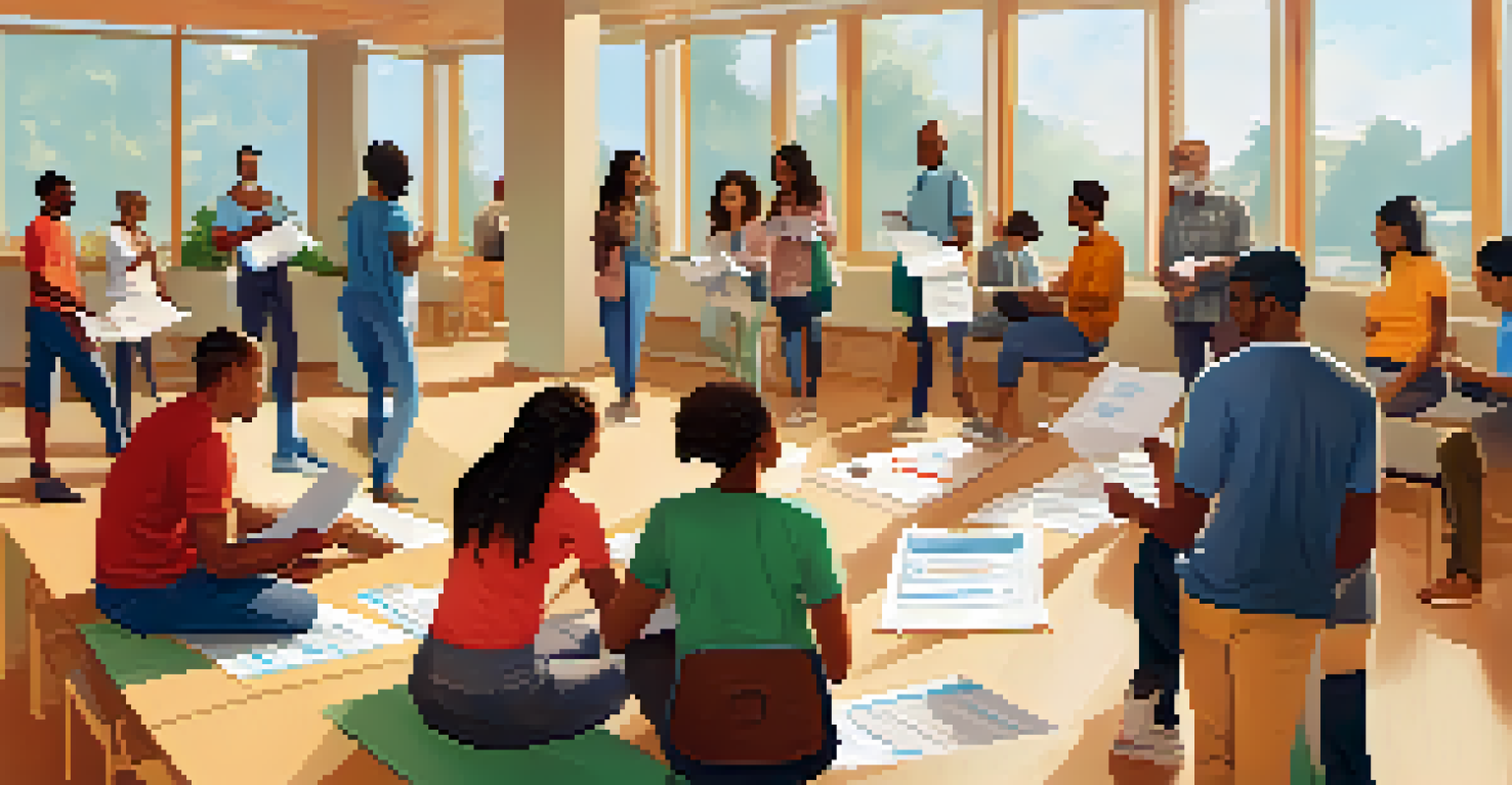 A diverse group of people filling out surveys in a community center, surrounded by posters about health engagement.