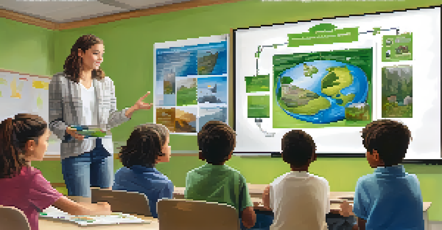 A young student presenting a sustainability project in a bright classroom, surrounded by engaged peers and informative visuals.