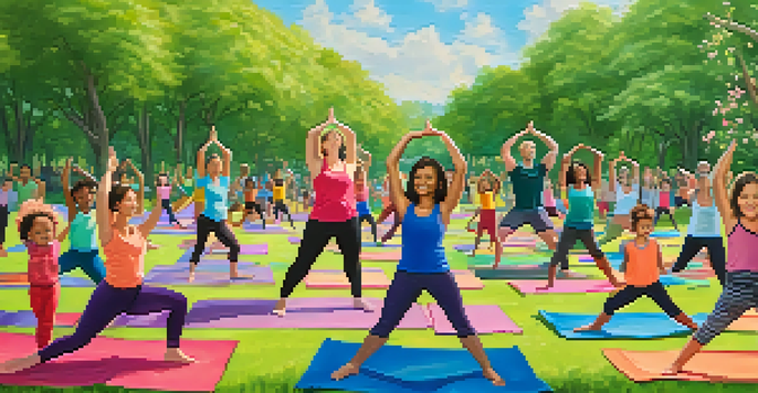 A diverse group of families practicing yoga together in a sunny park, with colorful mats and green trees around them.