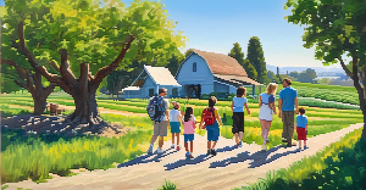 A diverse group of families enjoying a history tour at a local farm, with children participating in activities against a backdrop of green fields.