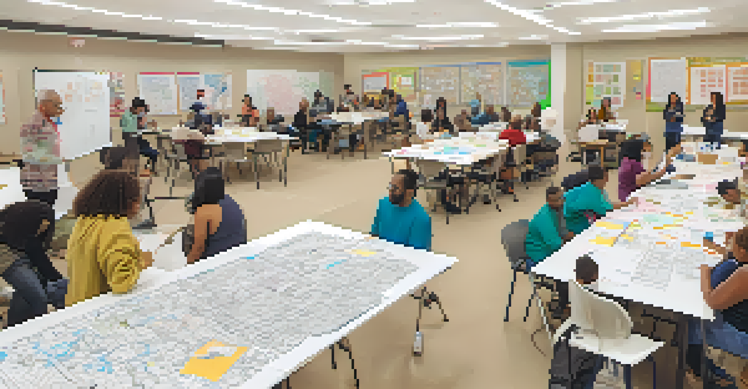 A group of community members participating in an interactive workshop, collaborating on project ideas with materials on tables.