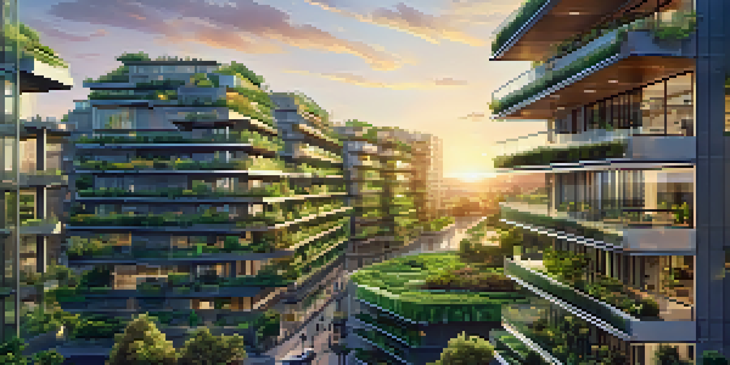 A city skyline with green buildings featuring rooftop gardens and solar panels, illuminated by a warm sunset glow.