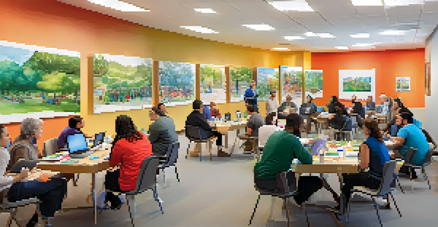 A community workshop in Cupertino with diverse residents using technology and discussing civic initiatives, filled with bright colors and natural light.