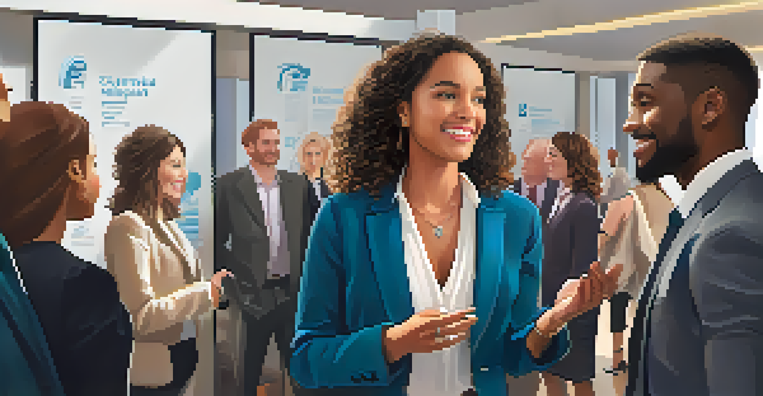 A confident person giving an elevator pitch at a networking event, surrounded by engaged listeners in a well-lit setting.