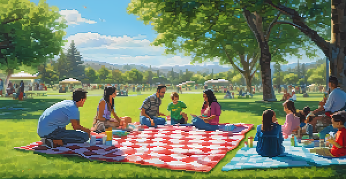 A lively family picnic at a park with a checkered blanket, food, children playing, and a clear blue sky.
