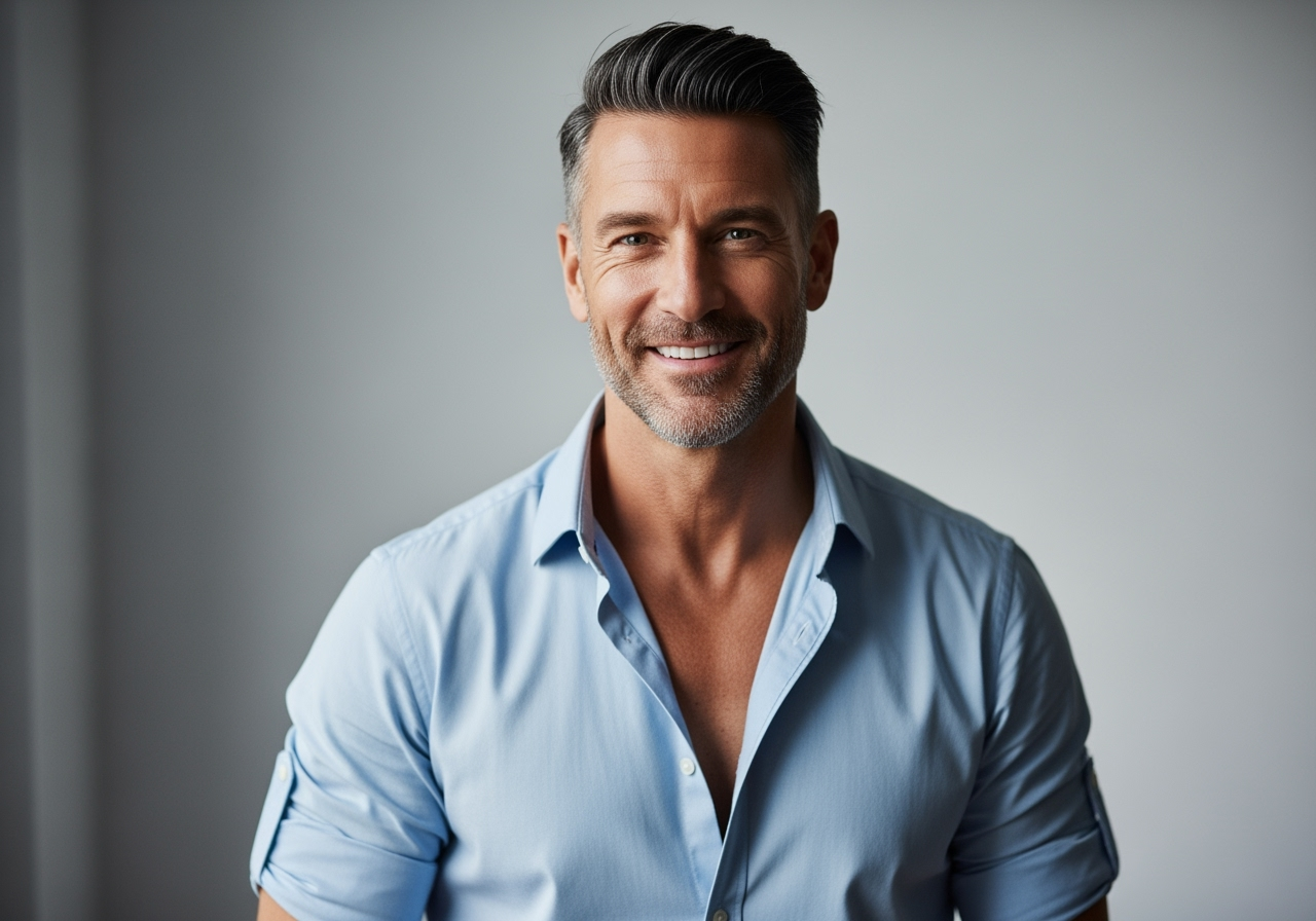 Confident middle-aged Australian man representing testosterone replacement therapy success and men's sexual health improvement