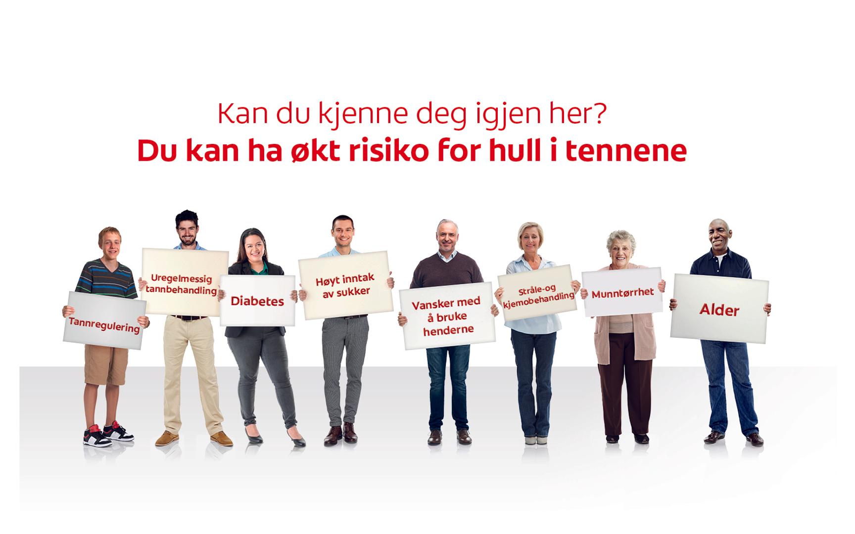 Mennesker som holder plakater med budskap om risikofaktorer for karies.