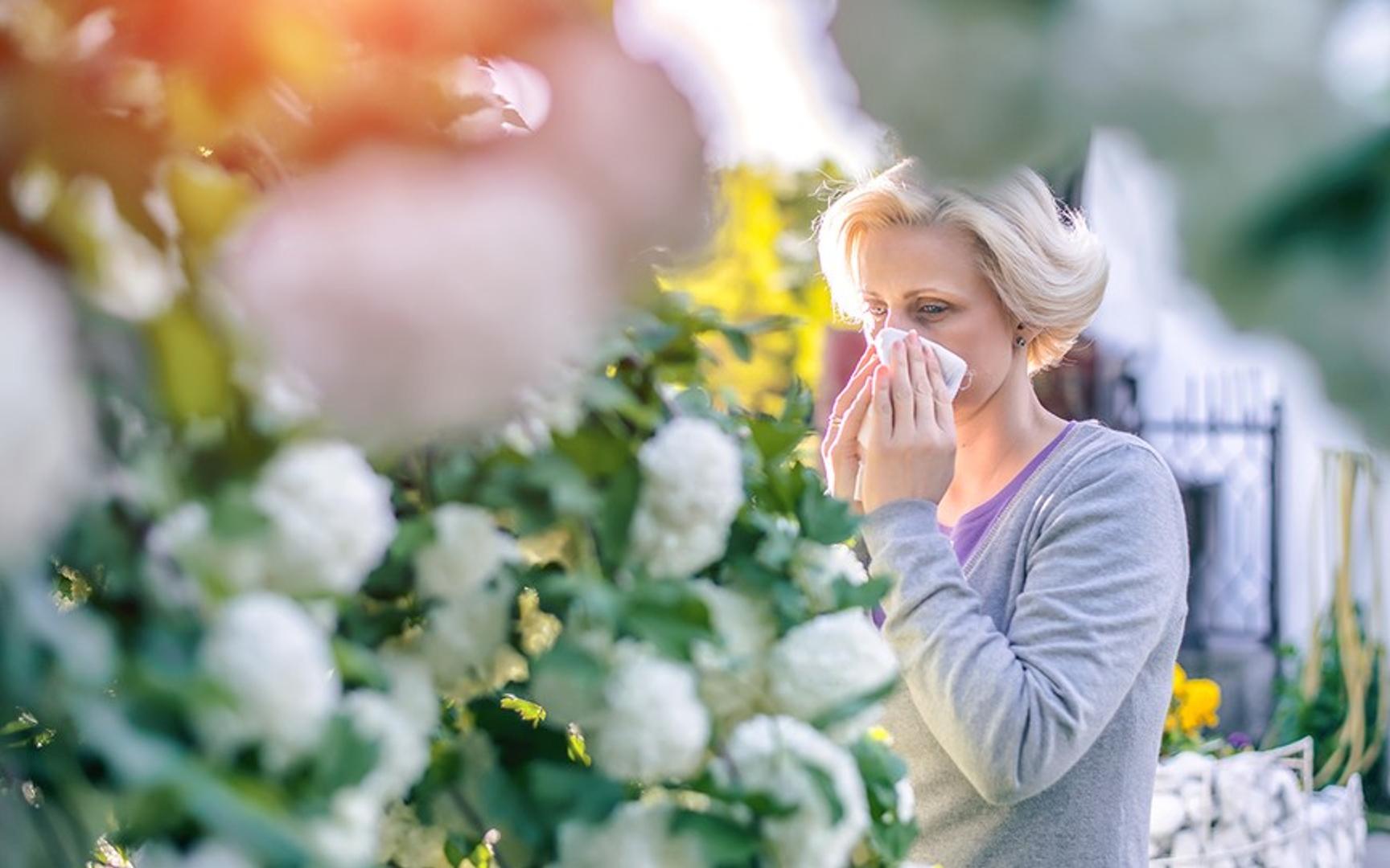 En kvinne står bak en busk med roser og snyter seg i et lommetørkle