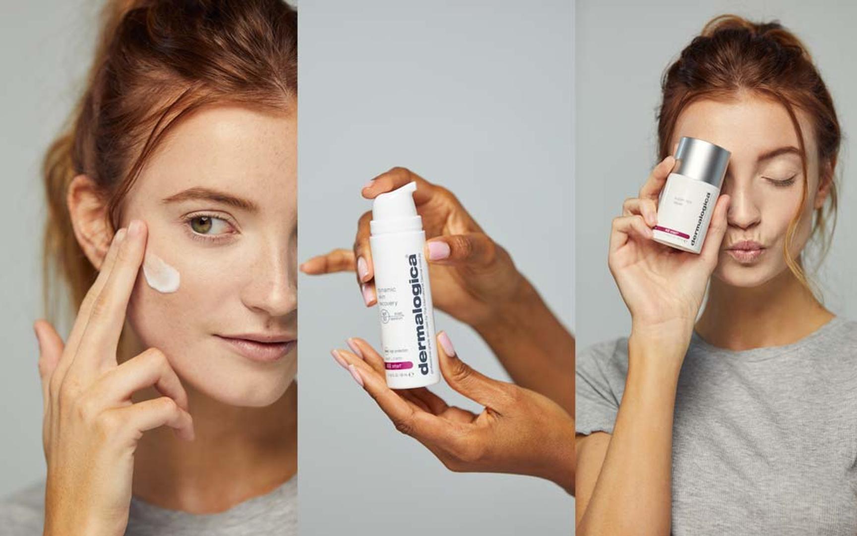 Bildet består av tre side-ved-side-bilder som viser hudpleie i bruk: Til venstre påfører en person en hvit krem på kinnet. I midten holder et par hender en flaske hudpleieprodukt fra merket Dermalogica. Til høyre poserer en person med et annet Dermalogica-produkt holdt opp mot ansiktet mens de lager en liten kyssemunn.