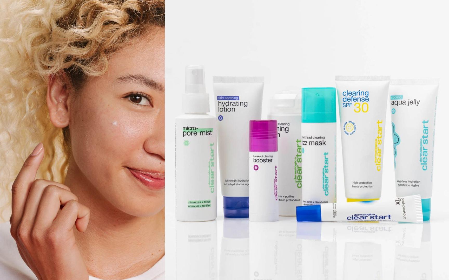 To-delt bilde som viser en ung kvinne som har påført en liten mengde fuktighetskrem på kinnet. Ved siden av presenteres produktene fra Clear Start.