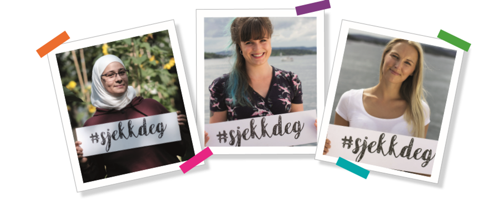 Tre kvinner som holder plakater med teksten #sjekkdeg.