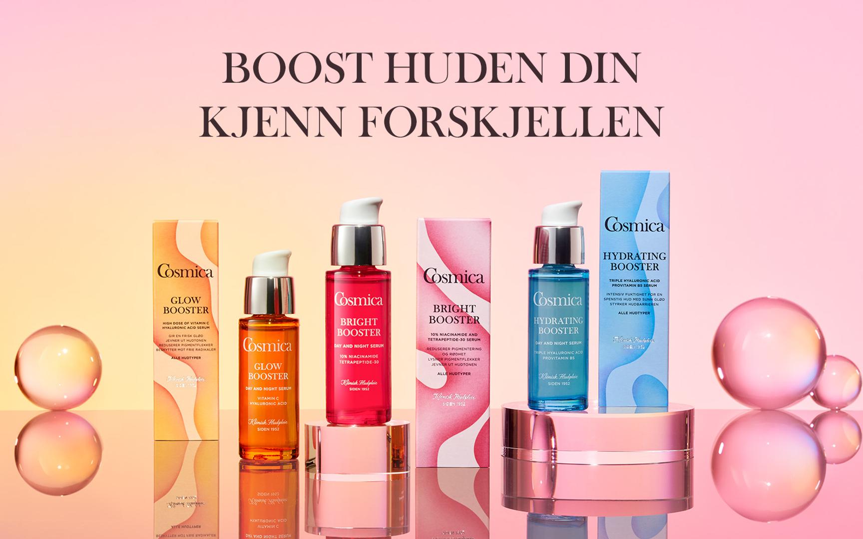 Diverse Cosmica produkter foran en gul/rosa bakgrunn. Boost huden din, kjenn forskjellen står skrevet over.