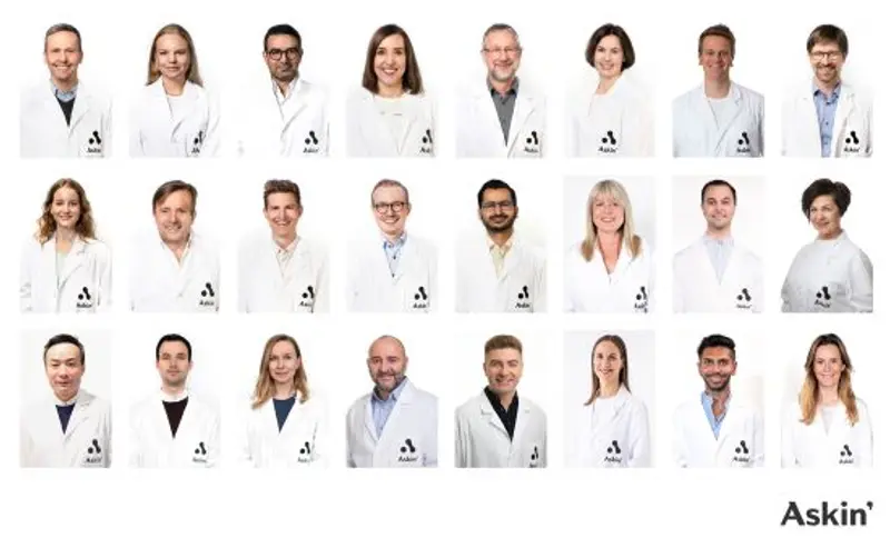 Sammensatt bilde med små portrettfotografier av Askin-leger, vist i et rutenett.