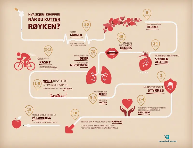 Illustrasjon som viser effekter av røykeslutt over tid