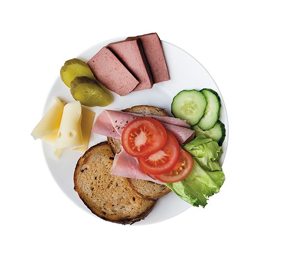 Tallerken med frokostmåltid.